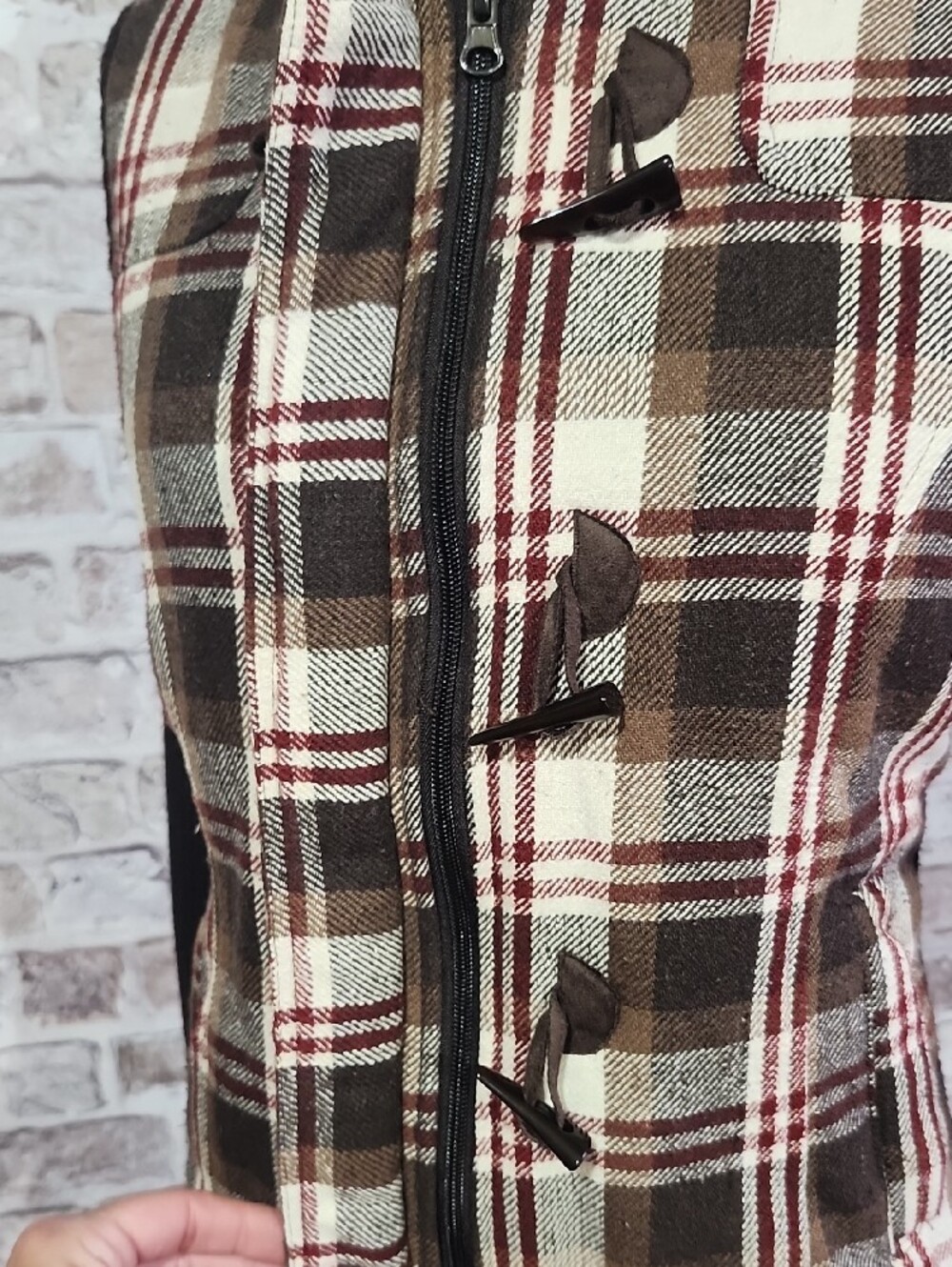Say What? Brown Plaid Hooded Toggle Puffer Jacket - Picture 2 of 9